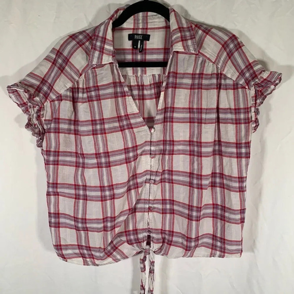 Paige Blouse Women’s Medium Plaid Short Sleeve Button Up Vneck Tie Top - Picture 1 of 9
